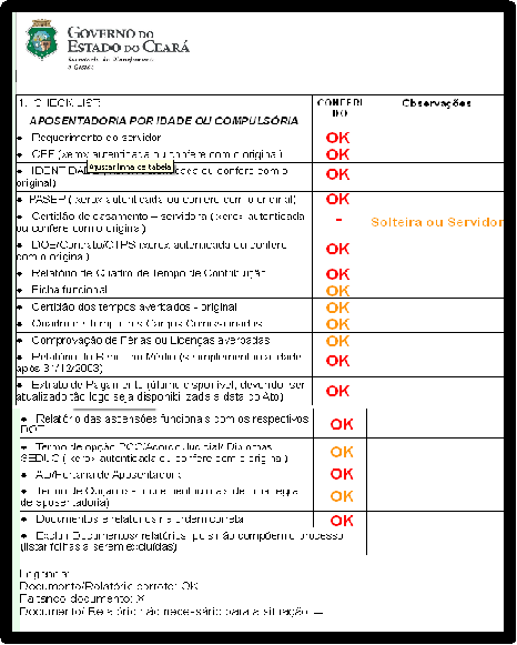 4. Lista de Checagem de Documentos (Check List) EXEMPLO DA CHECAGEM PARA UMA APOSENTADORIA COMPULSÓRIA: CHECK LIST CONFERIDA TODA A