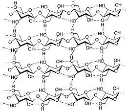 A celulose é um polímero linear de unidades de D-glucose ligadas por ligações (1ɹ4). Fig. 9.5 Cadeia de celulose, evidenciando as ligações de hidrogénio formadas entre as unidades D-glucose.
