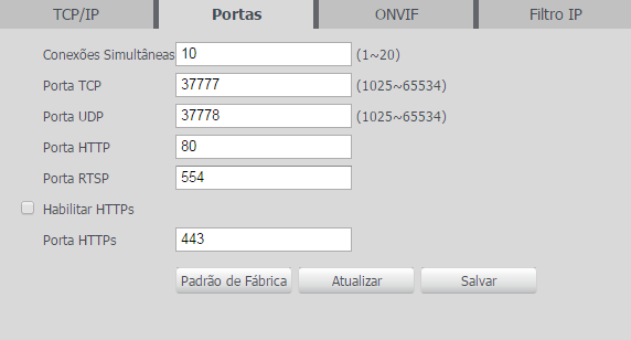 Portas Portas Conexões simultâneas: é definida a quantidade máxima de conexões simultâneas à interface web da câmera. O máximo permitido são 20 conexões. Porta TCP: o valor padrão é 37777.