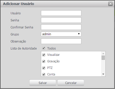 Conta Usuário: define os usuários para controle de acesso à interface. Permite criar, remover e editar suas configurações. Contas usuário Obs.