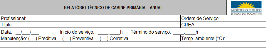 VII CABINE PRIMÁRIA 1. CABINE PRIMÁRIA 1.1. Tipo de cabine: 1.2. Aspectos internos e externos, quanto a conservação: Comentários: 2. ENTRADA DE ENERGIA: 2.1. Tipo de entrada: Subterrânea após o poste de entrada MEDIÇÃO DE ISOLAÇÃO DOS CABO EM MEGA OHMS Fase R x Terra Fase S x Terra Fase T x Terra Reserva x Terra Comentários: 3.