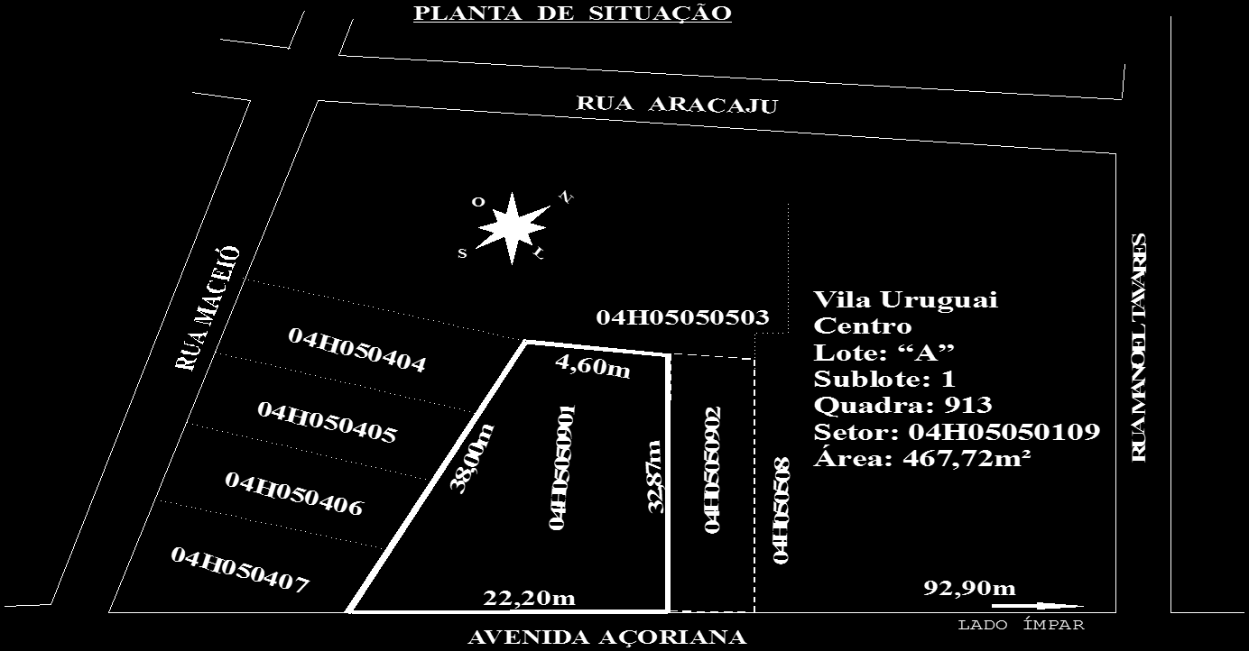 sessenta centímetros (4,60m), com parte do lote número três (P-3) ou 04H050503; AO SUDOESTE, na extensão de trinta e oito metros (38,00m), com os lotes números quatro (4) ou 04H050404, cinco (5) ou