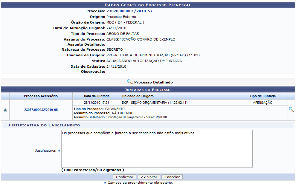 Clicando no link com o número do processo, serão apresentados os Dados Gerais do mesmo. Ainda na página Consulta de Processos clique no ícone Principal.