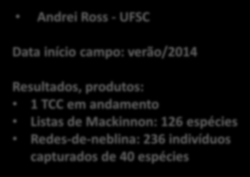 Resultados parciais: Aves Andrei Ross - UFSC Data início campo: verão/2014 Resultados, produtos: 1 TCC