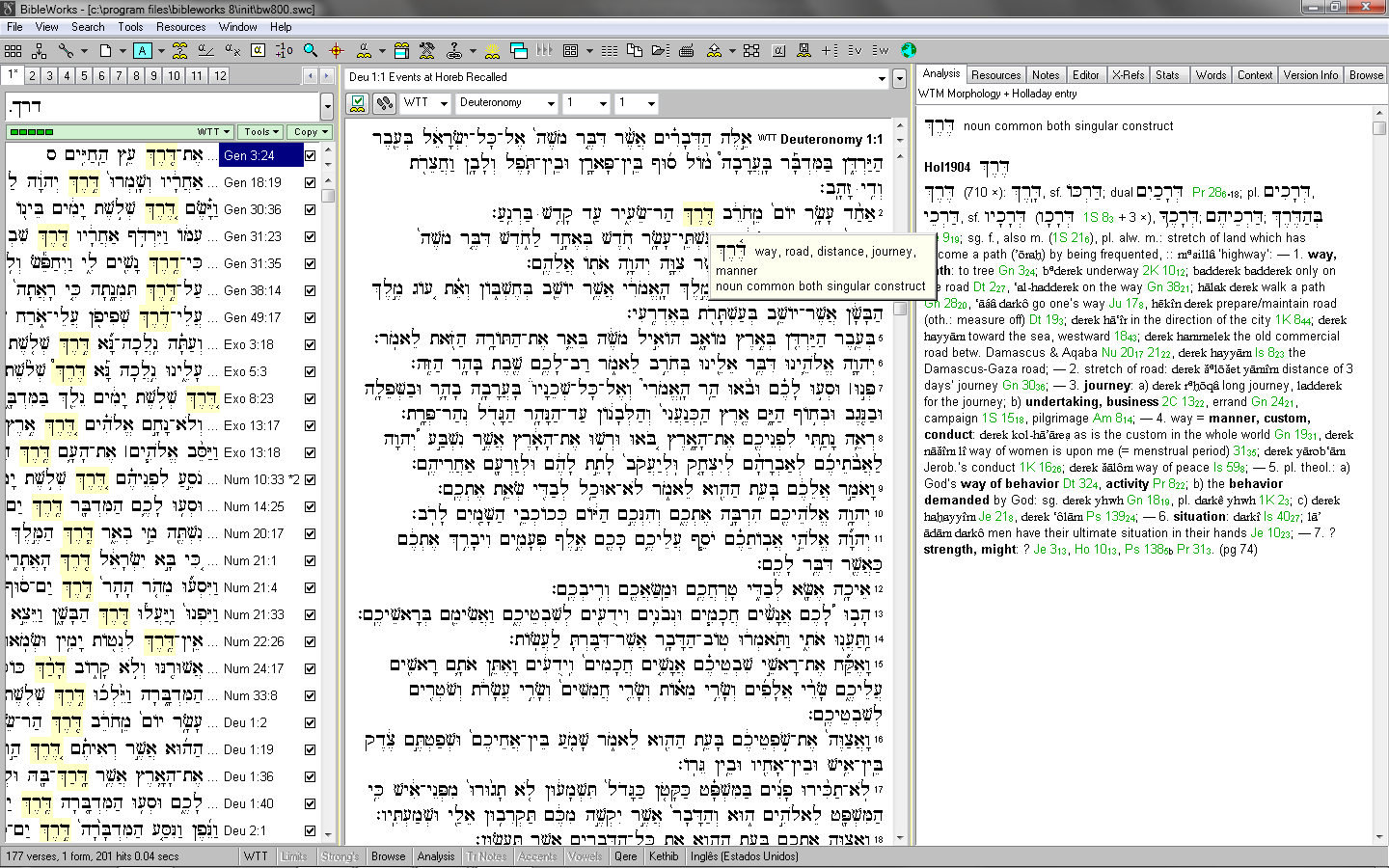 2. A locução em Deuteronômio 1.2 A imagem abaixo mostra, na coluna central, o texto bíblico hebraico da BHS, em Deuteronômio 1.2, destacando a locução em estado construto singular (hebr.