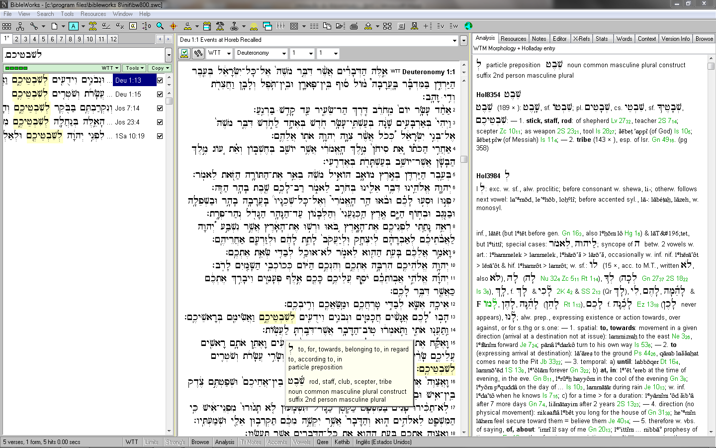 5. A locução em Deuteronômio 1.13 A imagem abaixo mostra, na coluna central, o texto bíblico hebraico da BHS, em Deuteronômio 1.13, destacando a locução (hebr.