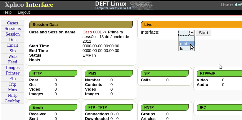 Utilização do Xplico Precisamos, antes de iniciar a captura dos dados, selecionar qual o dispositivo de rede que ficará em modo