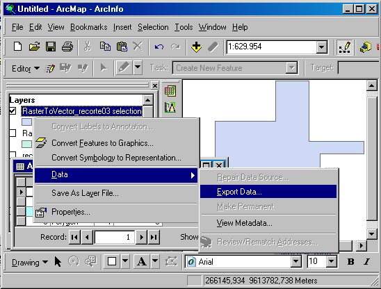 4 - O arquivo RasterToVector_recorte03 selection foi criado, mas trata-se de um arquivo virtual, ou seja, se o ArcMap for fechado, esse arquivo pode ser perdido.