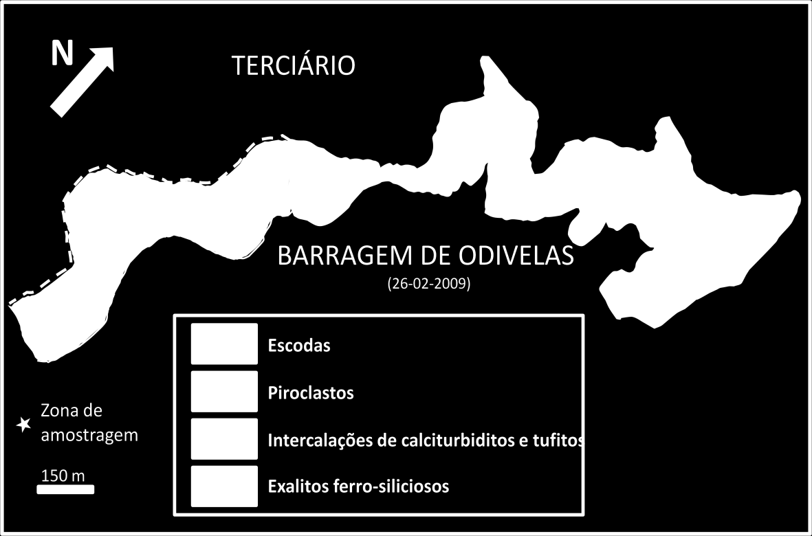 Calcários de Odivelas. A cor branca indica a cobertura Cenozoica (adaptado de Andrade et al., 1976; Santos et al., 1990; Moreira et al., 2010). Figura 1.8 Área de estudo pormenorizada.