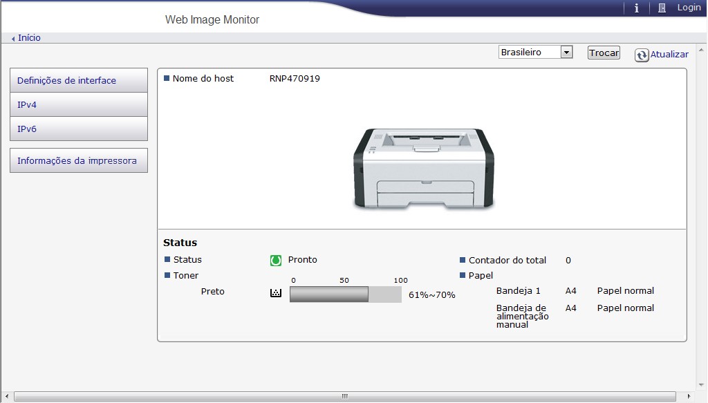 Usar o Web Image Monitor 4. Insira a senha de administrador e, em seguida, clique em [Login]. Se você estiver fazendo login pela primeira vez, digite a senha "admin133". 5.