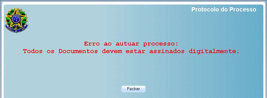 Após a verificação de toda a petição, inclusive da assinatura dos documentos, ela deverá ser protocolada clicando-se no botão aba Processo.