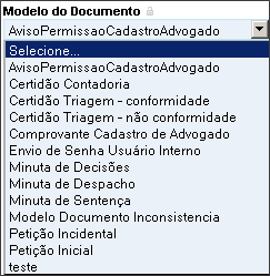 4º Passo: O sistema possibilita a criação de novos modelos de documentos. (Esta funcionalidade não será abordada neste manual). 5º Passo: Criar/alterar petição no editor de texto.