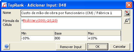 Menu Modelo Comando Adicionar input Usado para adicionar ou mudar funções do TopRank e do @RISK na fórmula da célula selecionada.