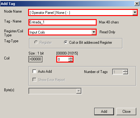 Ao abrir a janela Add Tag crie à primeira Tag de entrada, no campo Tag- Name escreva Entrada_1, depois no campo Register/Coil Type selecione a opção Input Coils,