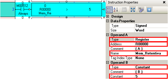 Agora insira duas funções de comparação aritmética, para isso abra a aba Compare, depois clique em Greate than e coloque na Rung 3, esta função faz uma comparação de quando o operando A é maior que o