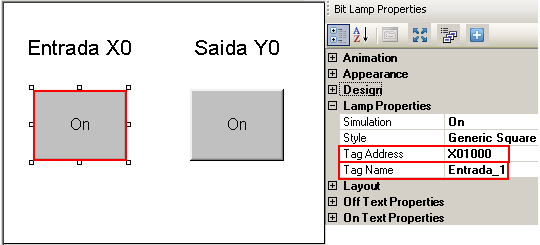 Defina a função Bit Lamp que ficou abaixo da Entrada X0 com a seguinte propriedade, em Tag Name selecione Entrada_1 Já a função Bit Lamp que ficou