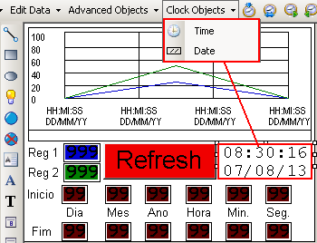 Por fim insira uma função de data Date e outra de hora Time, na aba Clock Objects.