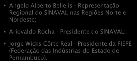 SINAVAL Norte Nordeste O SINAVAL Norte e Nordeste, presidido pelo CEO do Estaleiro Atlântico Sul, Angelo Alberto Bellelis, trabalhará em sinergia com