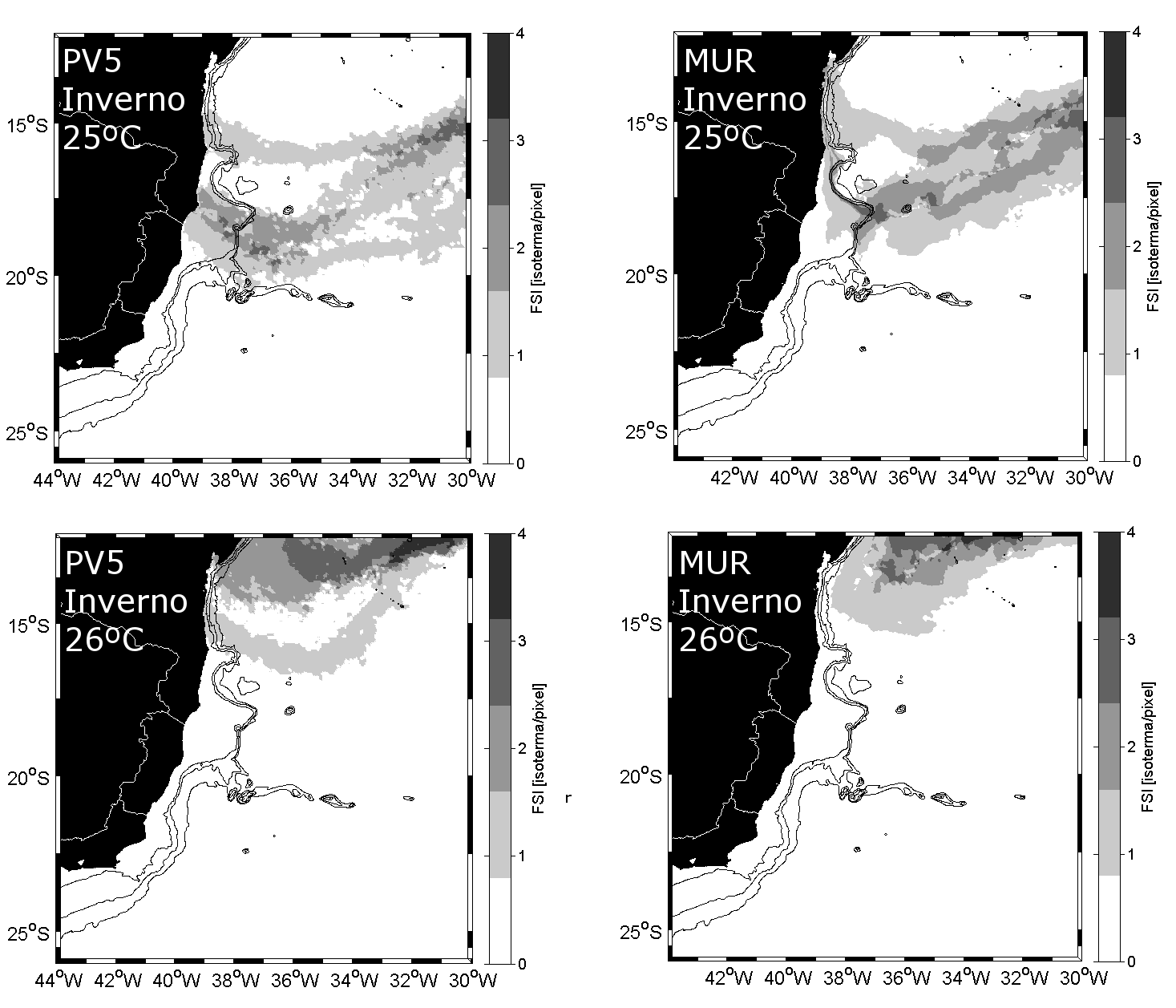 Figura 4. Mapas de FSI de inverno (jul. ago. set.), dado PV5 (coluna esquerda) e MUR (coluna direita) referentes às TSM de 25-26 C, as linhas contínuas representam as isóbatas de 100, 1000 e 2000m.