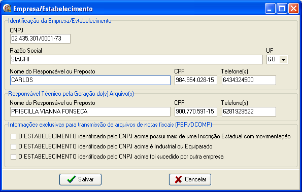 Ao clicar no botão o sistema exibirá uma tela para cadastrar os dados do estabelecimento/empresa para validar os arquivos gerados pela rotina Sinco no Sistema SIAGRI no SVA, conforme a figura 5.