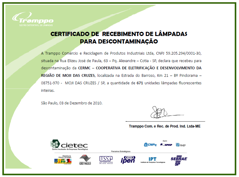 Certificado de reciclagem das lâmpadas da CERIPA.