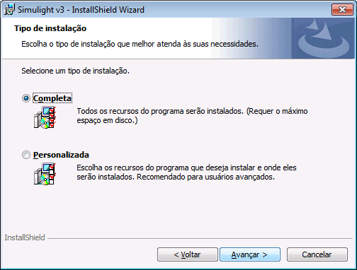 Figura 1.1 Instalador do programa Simulight. Fazer dois cliques no arquivo setup.exe para iniciar a instalação. A primeira tela mostrada corresponde a responsável pela seleção do idioma.