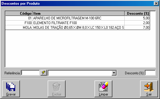 Ao clicar no botão de desconto, será apresentada a tela de descontos por produto. Referencia, selecione o produto desejado, se preferir poderá ser selecionado digitando a referencia e teclar enter.