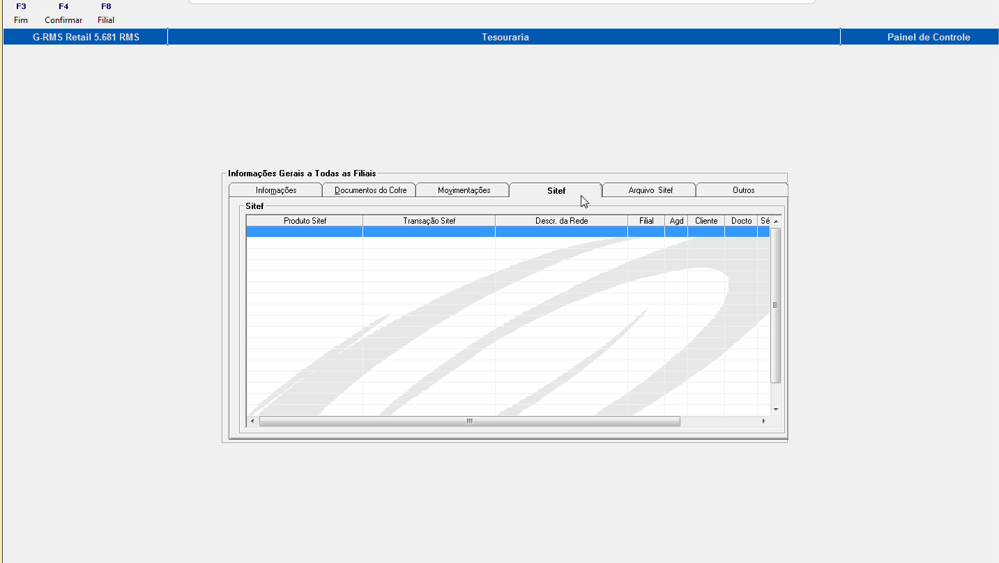 SITEF. Note que devem estar cadastrados todos os PRODUTOS, com suas respectivas TRANSAÇÕES para cada FILIAL e NUMERO DE PARCELAS.