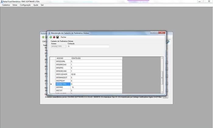 Parametrização para recebimento do XML: Acesso: NFERECTIPO Cadastro: Parâmetro 030, onde: Conteúdo: N, E, D ou A Exemplo do parâmetro cadastrado: Onde: N - Sem recebimento automático; E Recebimento