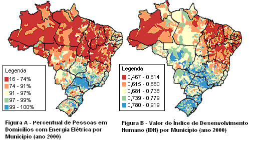 16 Figura 1 Mapas de exclusão de energia elétrica (A) e de desenvolvimento (B) Fonte: Atlas de Desenvolvimento Humano (2000) Conforme cita Rodrigues (2006), A constatação da relação entre