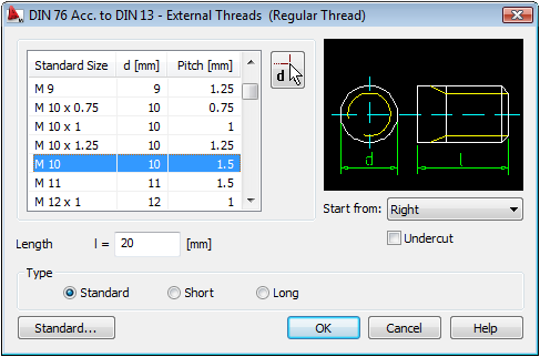 Será mostrado outro Quadro de Diálogo (Thread DIN 76 DIN 13), entre com os seguintes valores: Nominal Diameter = M10 Length = 20 15- Utilizando o comando de edição, alterar um segmento do eixo.
