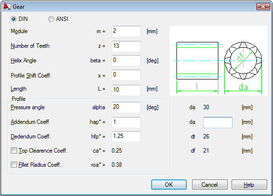 5- Selecionar novamente a opção Cylinder CYLINDER Specify length <10>: 5 Specify diameter <20>: 20 6- Criar outro segmento de engrenagem: Selecionar a opção Gear GEAR