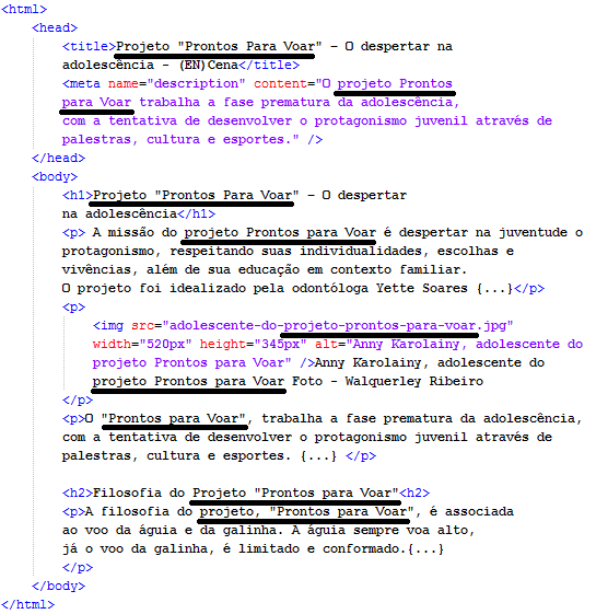 25 Figura 13 - Exemplo de utilização das palavras-chave na página No exemplo da Figura 13, pode-se observar que as palavras Projeto Prontos para Voar foram repetidas várias vezes no texto.