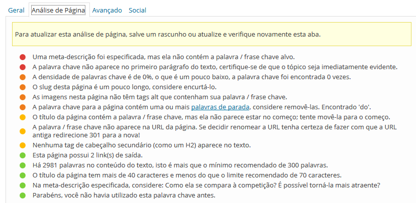 47 Figura 30 - Aba 'Análise de Página' do Wordpress SEO Como pode ser visto na Figura 30, o plugin apresenta resultados da análise da página, considerando um conjunto de critérios que contém, por