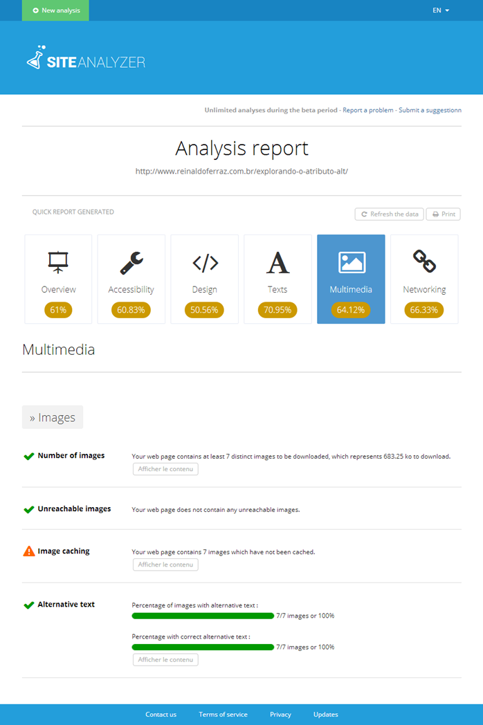 Figura 7 - Nova captura de tela dos resultados da ferramenta Site Analyser na página http://www.reinaldoferraz.com.br/explorando-atributo-alt/.