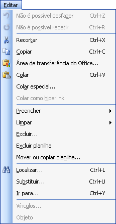 MENUS DO EXCEL É muito importante o estudo dos menus do Excel, memorize as opções do menu principal e de seus submenus.