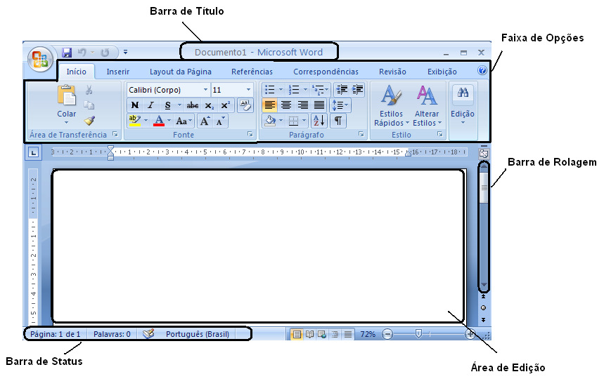 Como você pode ver na imagem de exemplo, o Office 2007 traz uma nova interface,