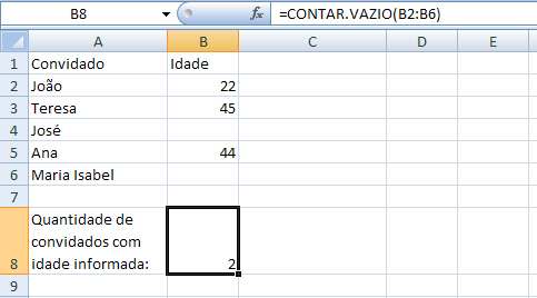 Função CONTAR.VAZIO A função CONTAR.VAZIO conta o número de células vazias no intervalo de células especificado: CONTAR.