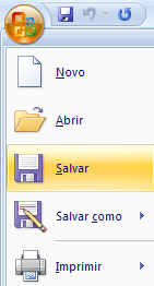 Para Salvar um documento: 1. Vá no Botão do Office e escolha Salvar, para isso observe a imagem abaixo ou clique no botão.