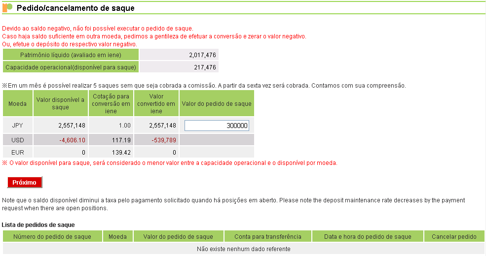 Exemplo 2: Neste exemplo não será possível realizar o saque, até ser feito a conversão do valor negativo em USD.