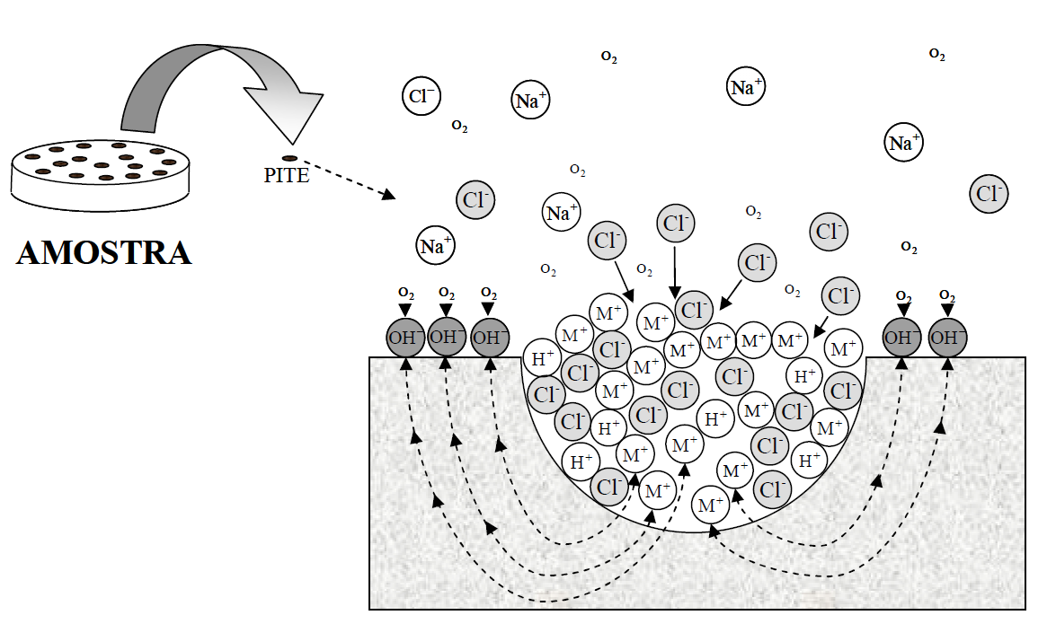55 Figura 9 - Processo autocatalítico ocorrendo na corrosão por pite em uma solução aerada de NaCl Fonte - Zanetic (2006) A propagação do pite envolve a dissolução do metal e a manutenção da elevada