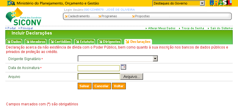 Após clicar em Declaração de Não Dívida com o Poder Público, será exibida uma tela para o preenchimento dos dados.