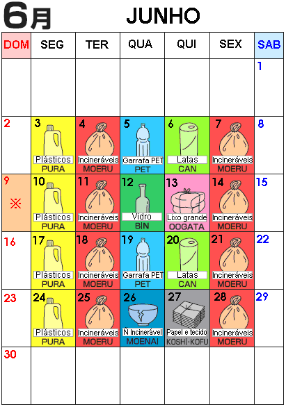 Calendário do Lixo Centro de reciclagem (Risaikuru Puraza) TEL.