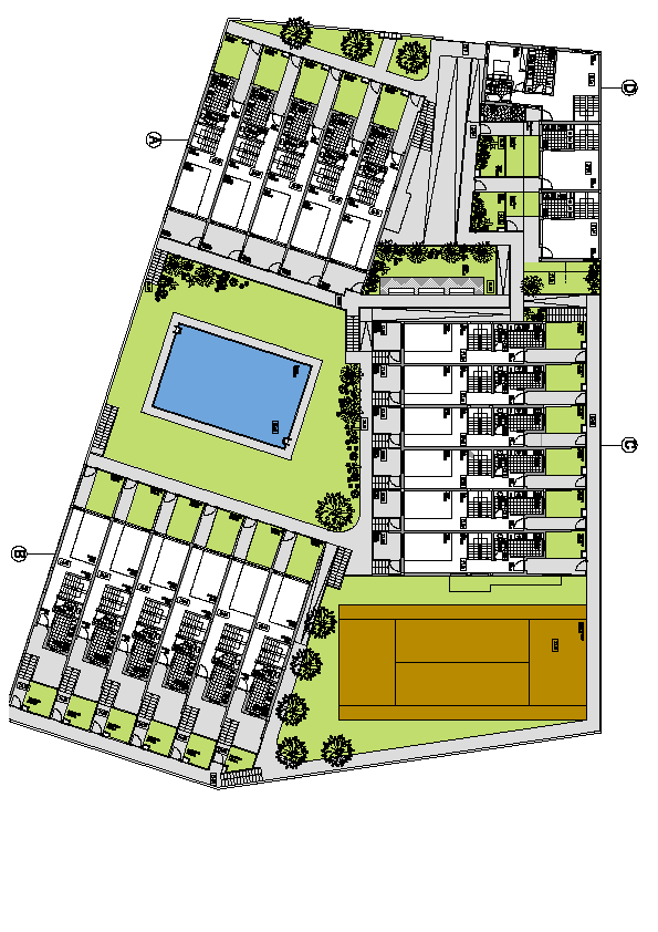 Plan Section - Level 0 (Houses entrances, Swimming Pool, Tennis Court and Gardens) Building A, B and C (Typology T3+1): private garden in the entrance, kitchen 7.03m 2, social bathroom 3.