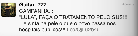 105 Nesses dados, extraídos da Rede Social Twitter, podemos perceber mais uma vez que a campanha não é direcionada a Lula como indivíduo, como pessoa, mas à construção identitária, formulada pelo