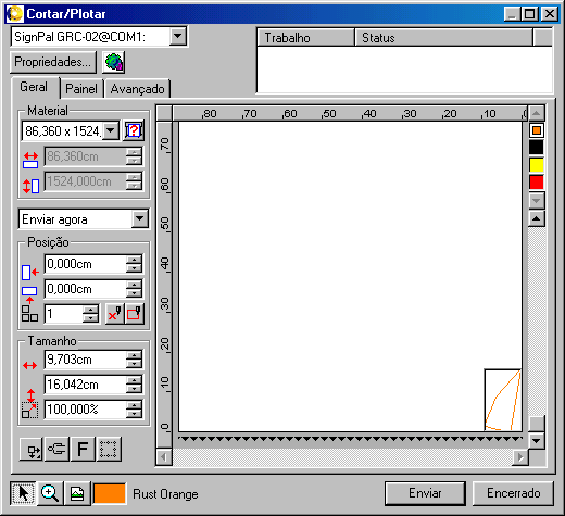 Modelo de Plotadora Lista de Trabalhos Enviados Tamanho do Vinil Cores Separadas Ferramenta Interativo Disposição e Número de Cópias Caminhar (Prévia) Tamanho do Desenho com borda Prévia do Desenho