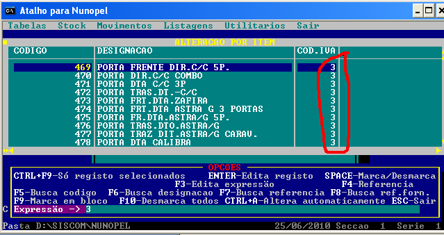 B. Actualização do campo COD.IVA 1.