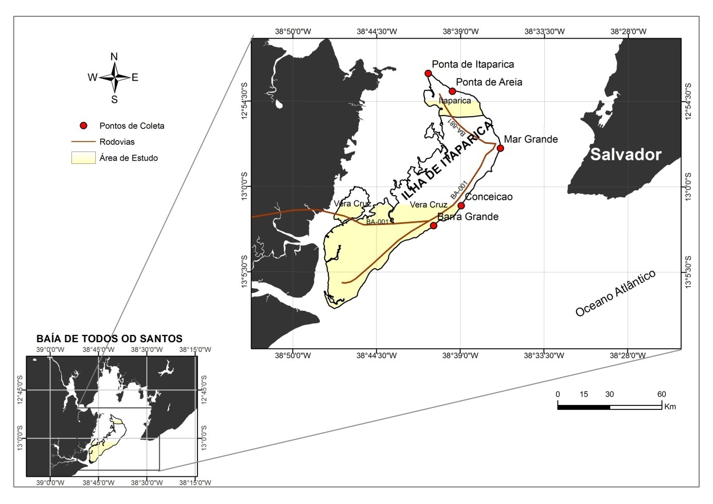 Figura 1- Localização da Ilha de Itaparica e das praias