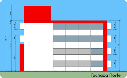 Paredes: Áreas das fachadas por cores: - Fachada Norte: Envoltória Área de fachada cor vermelha: (19,0