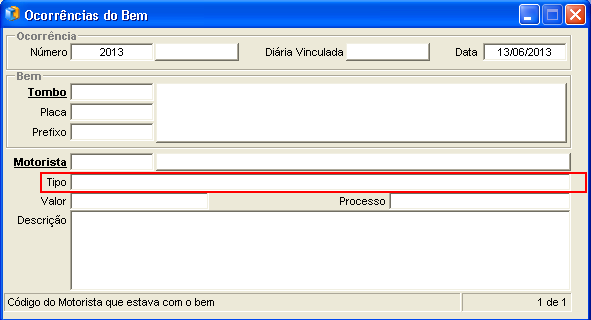 17 Ocorrências do Bem 1. Menu do usuário 2. Controle de Frotas 3. Ocorrências do Bem Programa para realizar o cadastro de ocorrências/situações de um bem. 3.1 Clicar em Novo, o sistema deverá abrir a janela abaixo com os campos em branco.